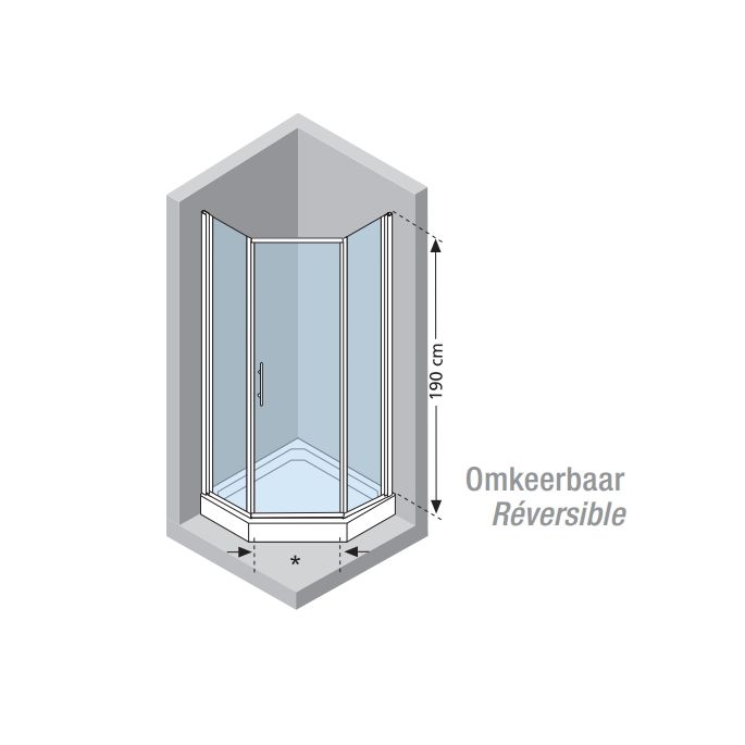 Novellini Lunes Lunespg120-1K vijfhoek douchewand 120x90 helder chroom (OUTLET)